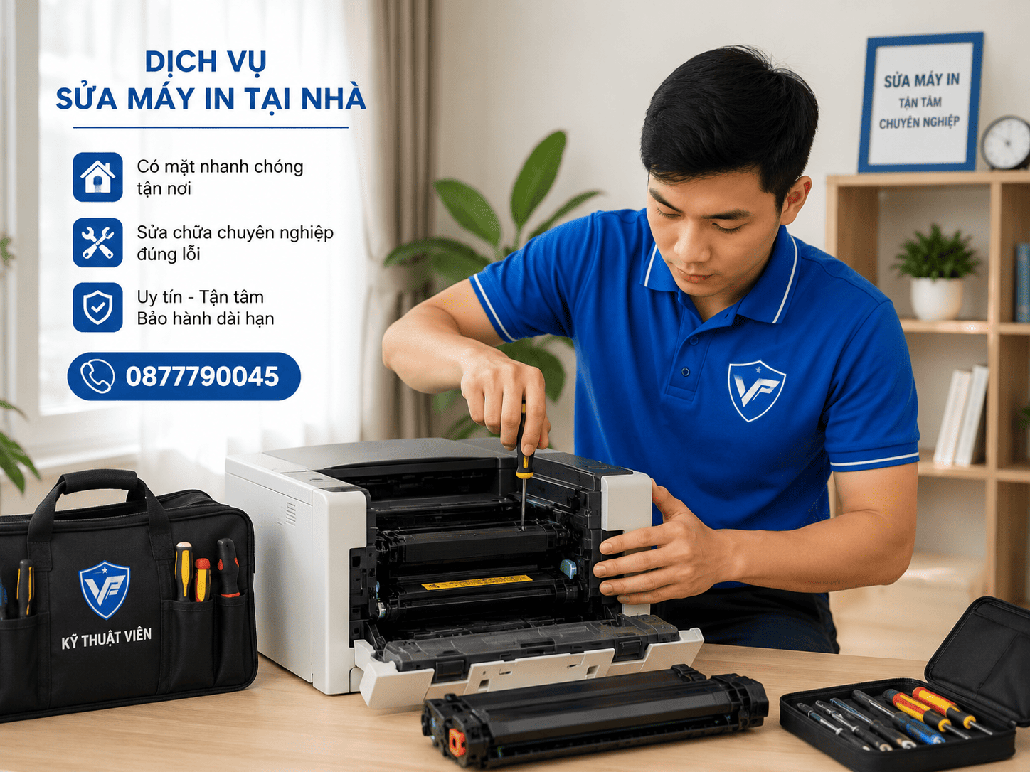 Dịch vụ sửa máy in tại nhà TPHCM - Viet Printer Service Kỹ thuật viên đang sửa máy in laser tận nhà chuyên nghiệp uy tín TPHCM
